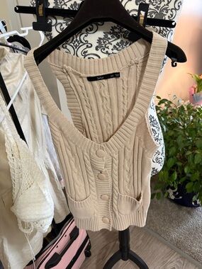 SPORTS GIRL - Knit V-Neck Button Front Sweater Vest - Cream